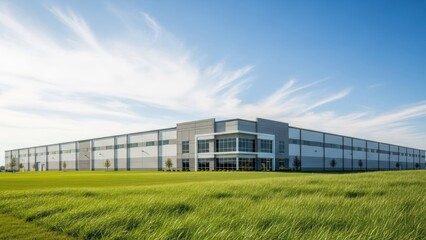 Obraz premium Modern, large, grey warehouse building with a green field and blue sky