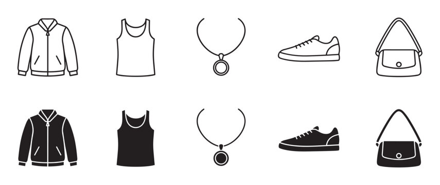 Set of black and white fashion icons showing a bomber jacket, tank top, necklace, sneaker, and handbag in both outline and solid glyph styles for graphic design