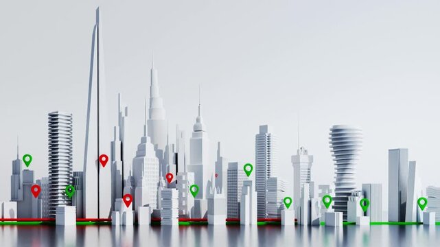 Modern cityscape with location pins and navigation system interface
