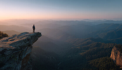 Person standing on the edge of a rugged outdoor cliff overlooking a vast mountain landscape during sunset