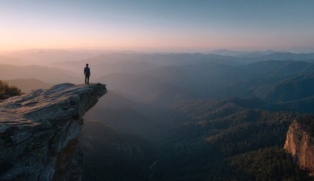 Person standing on the edge of a rugged outdoor cliff overlooking a vast mountain landscape during sunset