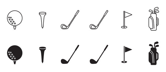 Obraz premium Set of black golf equipment icons presented in two distinct styles, a thin line art outline and a solid filled silhouette, including a ball, tee, club, flag, and bag