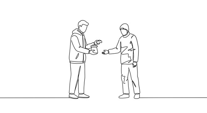 Line drawing of two men exchanging an object while wearing masks, indoors on a transparent background