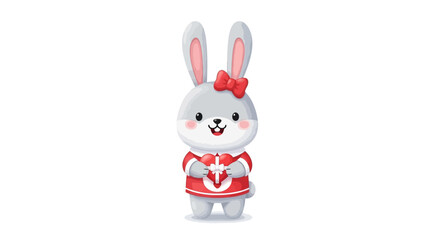 Obraz premium Cute kawaii rabbit mascot wearing a red Valentine's Day outfit with a heart and bow, standing against a clean white background.