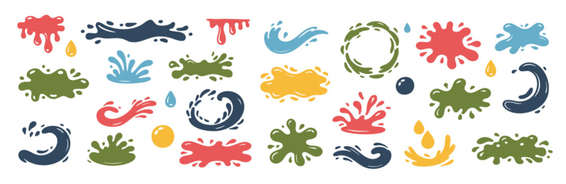 Abstract flat vector set of colorful paint splashes, blobs and liquid shapes. Hand drawn brush strokes and splatters for creative design, posters, backgrounds and modern graphic projects.