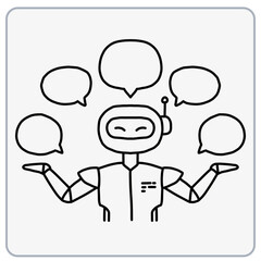 Robot with speech bubbles in a minimalist style.