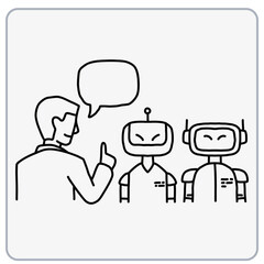 Man talking to two friendly robots with speech bubble above.