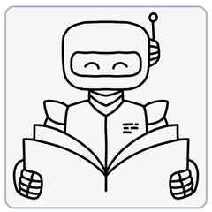 Robot reading a book with a cheerful expression.