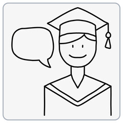 Graduation figure with speech bubble in minimalist design.