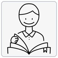 Smiling person reading a book with an open page.