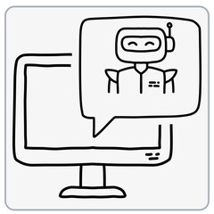 Cartoon robot on screen with speech bubble in a minimalistic style.