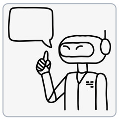 Robot character with a speech bubble and raised finger.