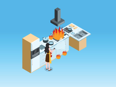 Kitchen Fire Safety: Extinguishing Stove Flame with Fire Extinguisher 3d isometric vector illustration