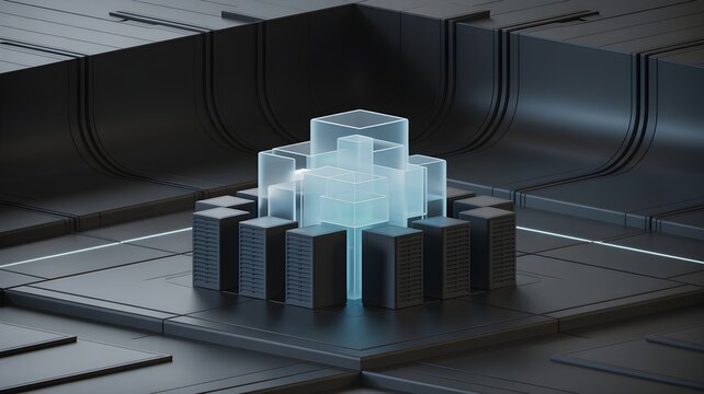 Modular server rack with glowing central node on circuit-like platform representing ai infrastructure and compute orchestration.