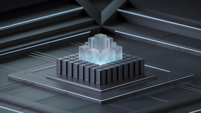 Futuristic data core on circuit platform representing enterprise generative ai, cloud model deployment and secure on-prem compute.