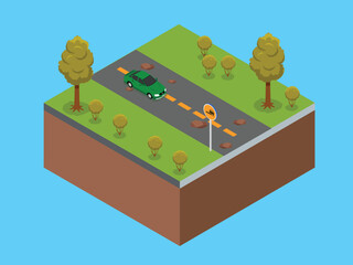 Obraz premium Road Landslide Disaster Illustration with Car and Falling Rocks 3d isometric vector illustration
