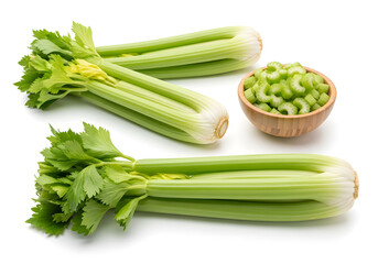 Fresh Green Celery Bunches and Chopped Stalks in Wooden Bowl