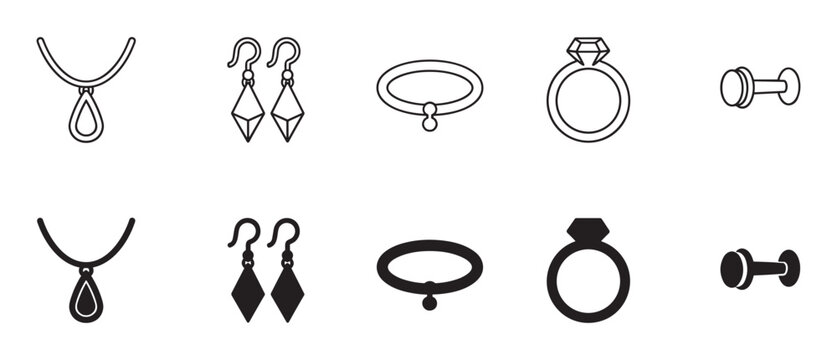 Black and white jewelry icon collection featuring a pendant necklace, diamond earrings, a charm bracelet, a solitaire ring, and a stud in both outline and filled silhouette styles