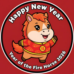 A small, plump horse wearing a traditional red vest (Cheongsam).