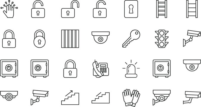 Security and surveillance line icon set featuring locks cameras alarms access control safety symbols vector collection