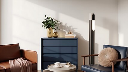 Modern Living Room Interior with Blue Cabinet and Leather Sofa