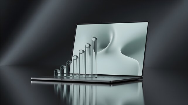 Laptop with rising bar chart and sensor node on reflective surface symbolizing ai sales tool driving lead scoring and revenue growth.