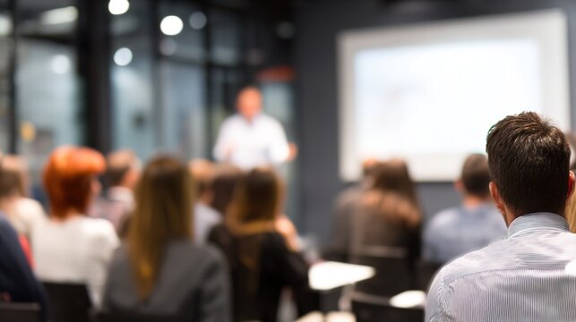 seminar. A single presenter in a modern conference setting, engaging an audience in a professional training environment. pitch deck slides.