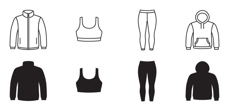 Sportswear clothing icon set with jacket, hoodie, sports bra, and leggings in both outline and silhouette styles for fitness and athletic concepts