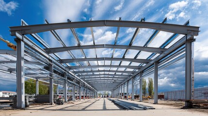 girder. Steel frame structure in progress at an industrial site, highlighting modern construction. real-estate listings.