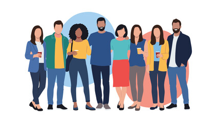 Fototapeta premium Large group of diverse people standing together and holding coffee cups representing community and friendship.