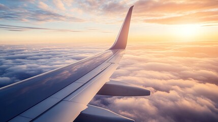 Fototapeta premium jetliner. Jetliner ascending through golden hour clouds, with a wingtip in the foreground. mobility guides, transit brochures, designed for transport & logistics marketing.