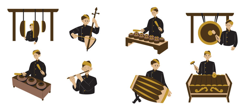 illustration set of characters playing traditional javanese