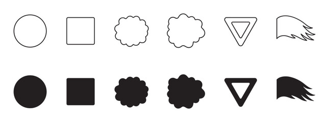 Collection of black geometric and abstract shapes in two styles, outline and solid fill, including a circle, square, cloud, inverted triangle, and wing for graphic design