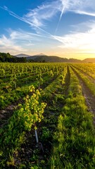 Rows of young grapevines bask in golden sunlight at sunset