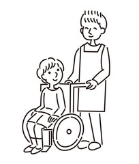 介護を受ける車椅子の少年と介護士のイラスト
