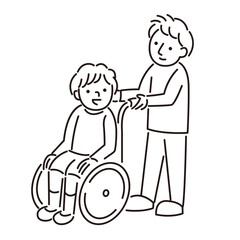 介護を受ける車椅子の少年と介護士のイラスト