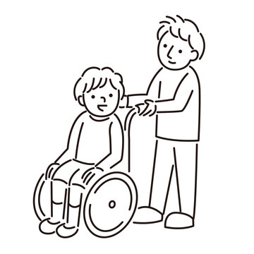 介護を受ける車椅子の少年と介護士のイラスト