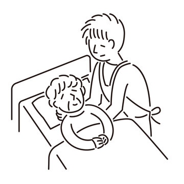 寝たきりの人を介護する人のシンプルな線画イラスト