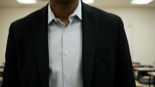 Low angle view of teacher feet walking through empty classroom rows. Educator or proctor approaching