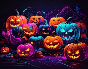 Spooky, glowing carved pumpkins in vibrant hues on dark background