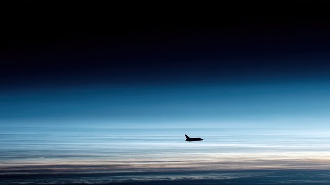stratosphere. Majestic spacecraft silhouette against layered clouds in a deep blue cinematic atmosphere. product launch decks.