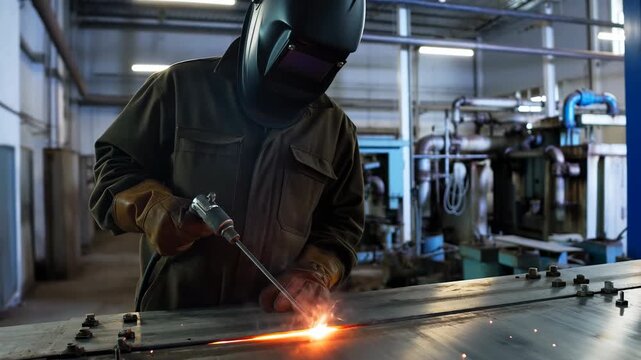 Skilled Worker Performing Detailed Welding On Metal Sheets Amidst Industrial Machinery And Tools
