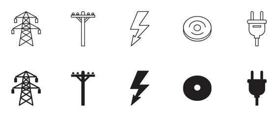Fototapeta premium Collection of black electricity icons featuring a transmission tower, utility pole, lightning bolt, socket, and plug in both outline and solid silhouette vector styles