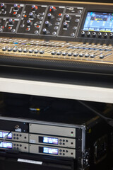 Audio mixing desk detail. Professional studio control. Broadcast equipment