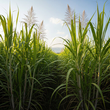 flowering green sugarcane fields with blue sky