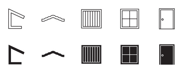 Building and construction icons set in line and glyph styles showing roof, tile, grate, window, and door elements for architectural or web design concepts