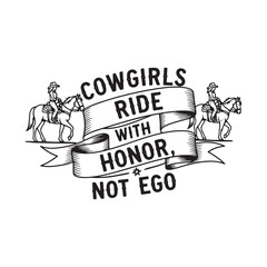 Obraz premium vintage style cowgirls riding horses with honor banner isolated on white background