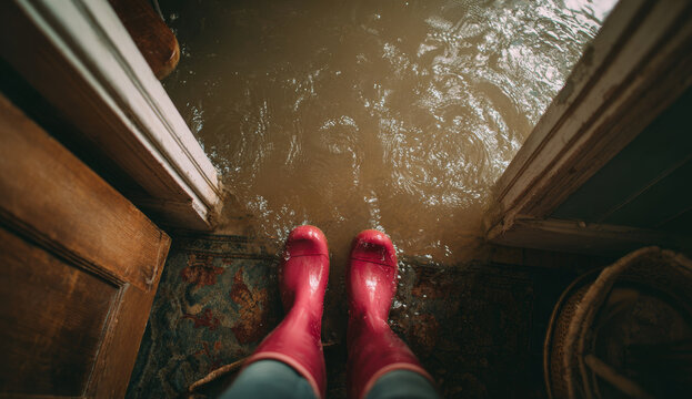 Person wearing bright red rubber rain boots standing on a flooded wooden floor