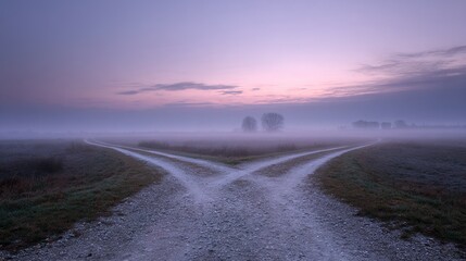 destiny. A mysterious foggy crossroads splits into two paths, evoking a sense of choice and adventure. wellbeing guides, coaching materials, designed for coaching and self-improvement content.