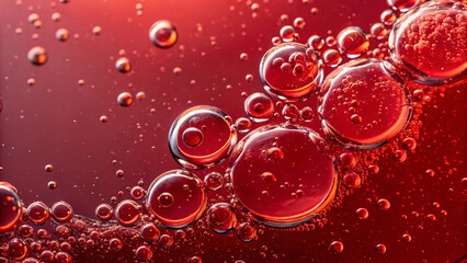 Red bubbles clustered together in liquid creating rich crimson abstract macro composition with light reflections